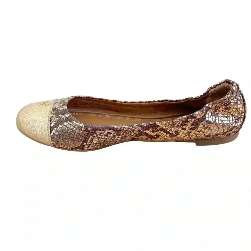 Tory Burch Gold Roccia Ballet Flats Shoes Size 6 Cap Toe Snakeprint Classic